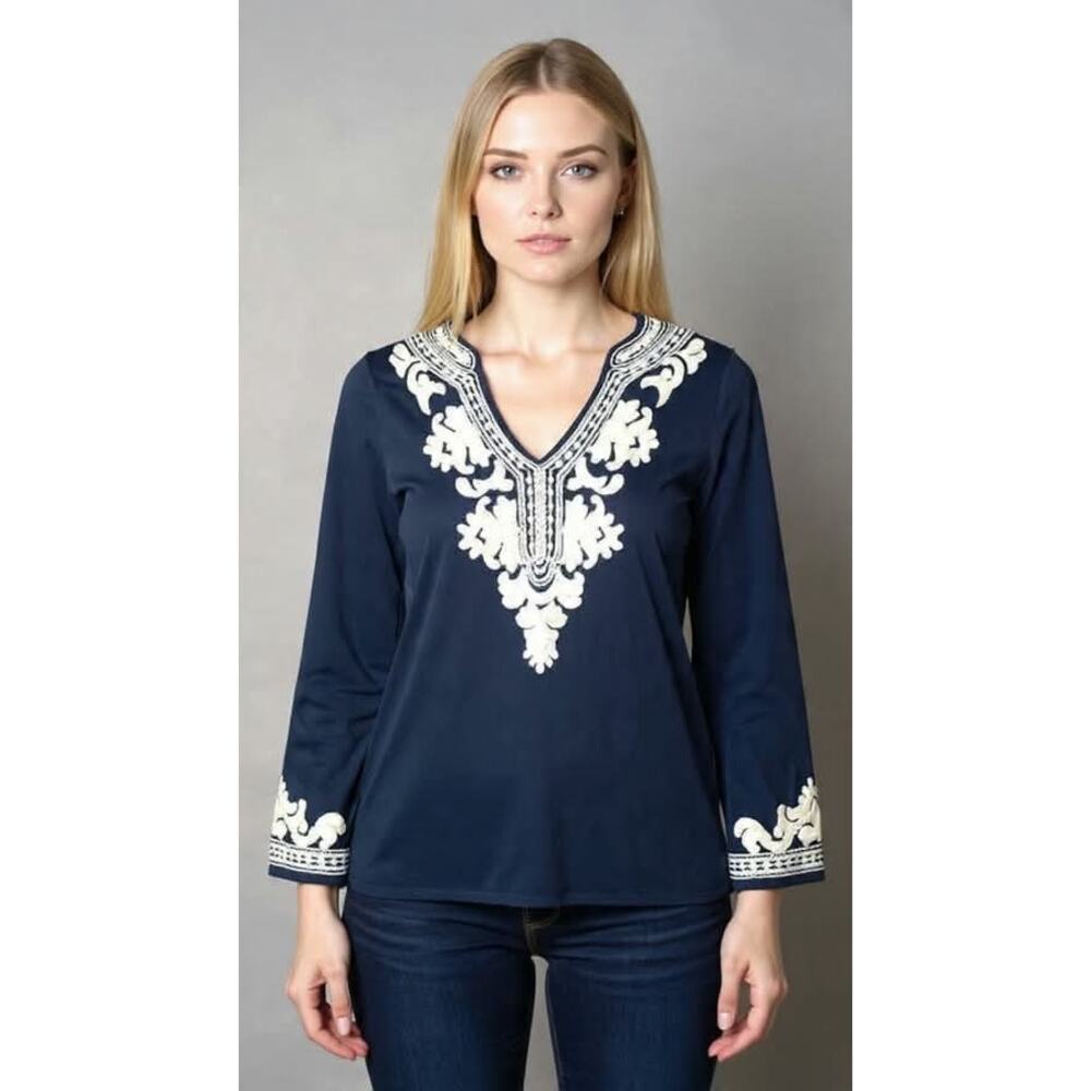 INC Bohemian Tunic Navy Blue V Neck Blouse 3/4 Sleeves Embroidered Peasant L